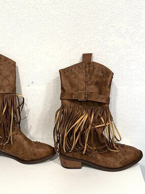 Womens Western Boho Fringe Boots Studded Buckle Strap Brown Faux Leather US Sz 8